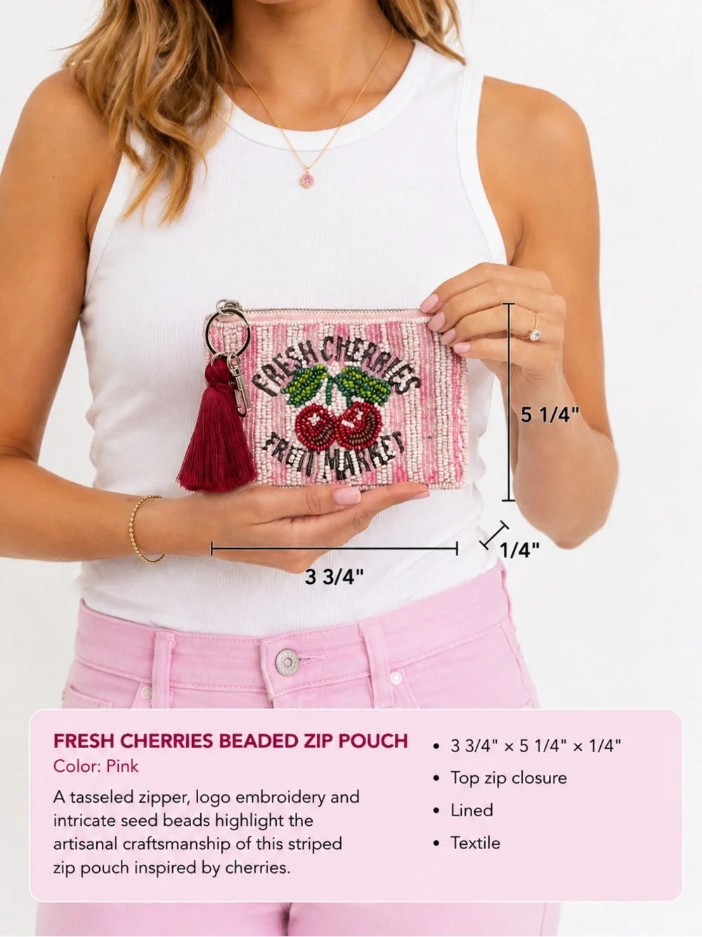 resh Cherries Beaded Zip Pouch – Pink | NWT 🍒💄